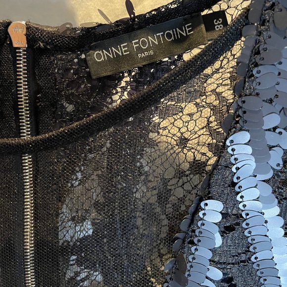 ANNE FONTAINE BLACK SEQUIN MESH PAMILA DRESS WITH EXPOSED BACK ZIPPER LINED, 38 - Picture 4 of 8
